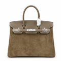 Warm Earthy Taupe Dual Texture Medium Trapezoid Hand Suede Tote With Sleek Matte Taupe Trim And Cool Polished Silvery Twist Lock Hardware