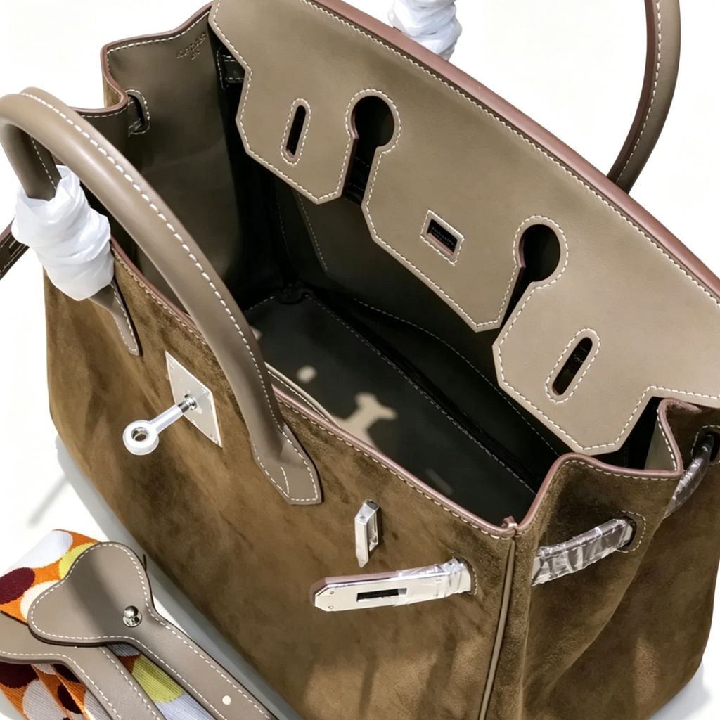 Warm Earthy Taupe Dual Texture Medium Trapezoid Hand Suede Tote With Sleek Matte Taupe Trim And Cool Polished Silvery Twist Lock Hardware