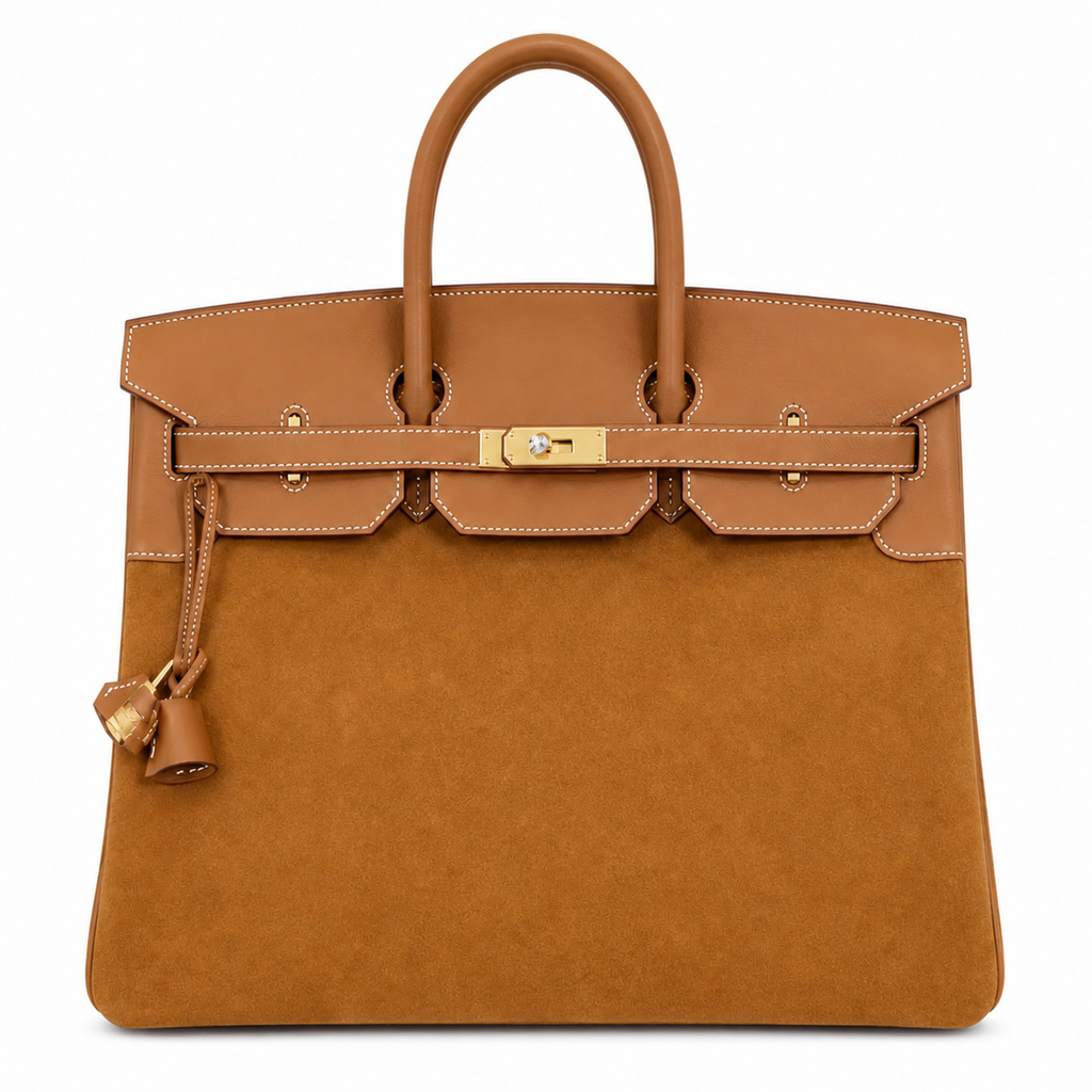 Warm Golden Caramel Dual Texture Spacious Wide Trapezoid Hand Suede Tote With Polished Matching Trim And Luminous Warm Golden Twist Lock Hardware