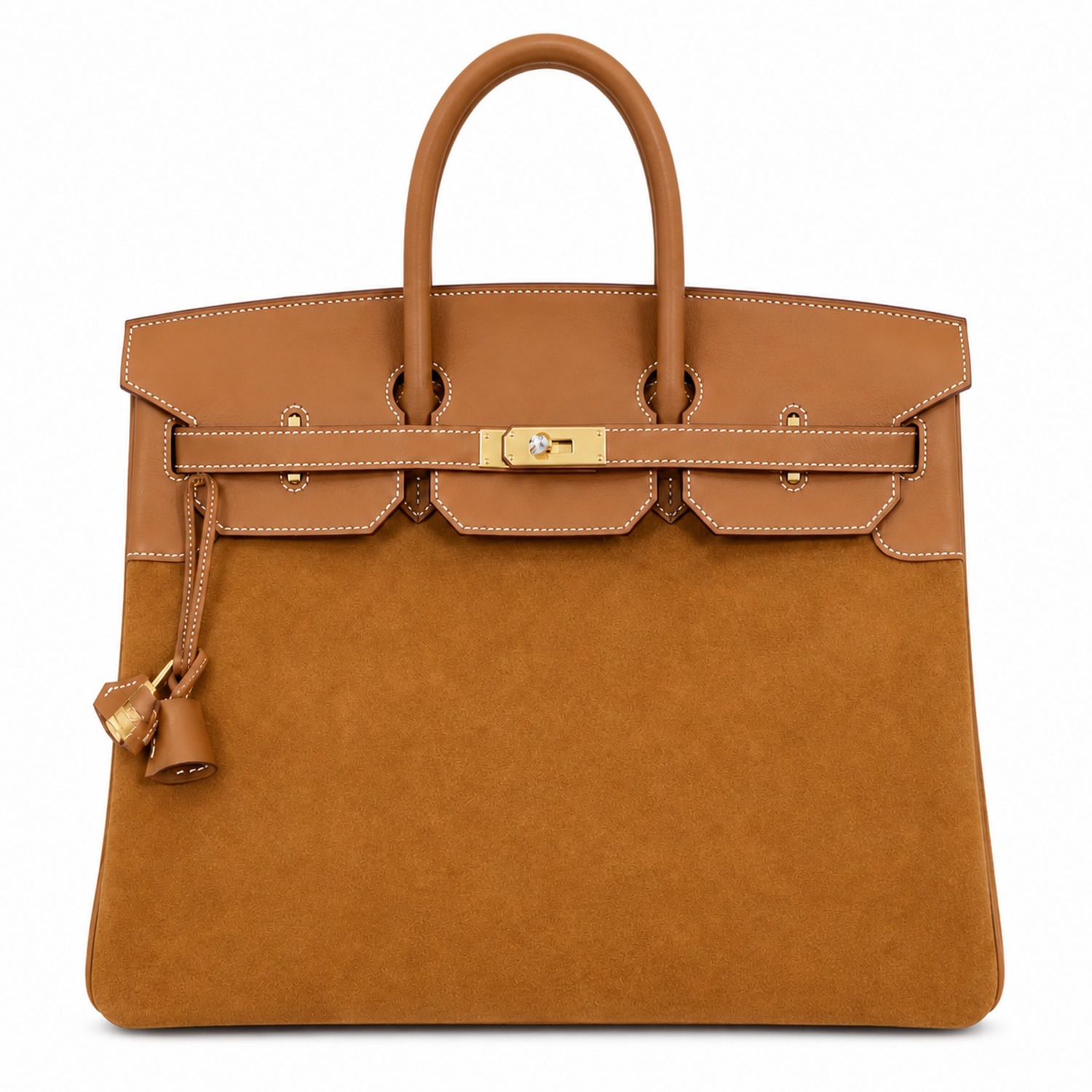 Warm Golden Caramel Dual Texture Spacious Wide Trapezoid Hand Suede Tote With Polished Matching Trim And Luminous Warm Golden Twist Lock Hardware