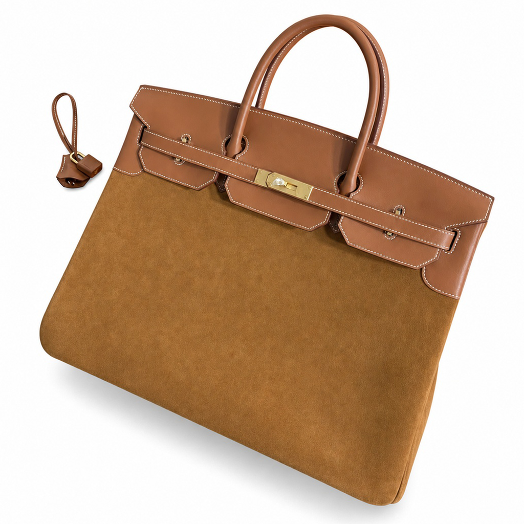 Warm Golden Caramel Dual Texture Spacious Wide Trapezoid Hand Suede Tote With Polished Matching Trim And Luminous Warm Golden Twist Lock Hardware