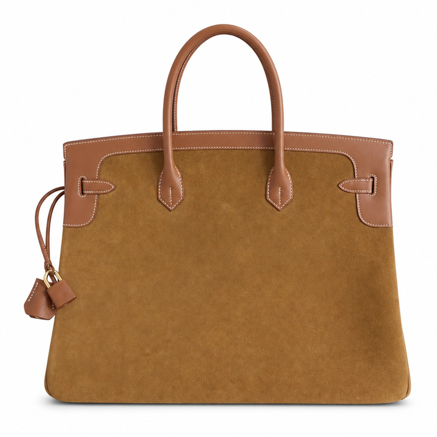 Warm Golden Caramel Dual Texture Spacious Wide Trapezoid Hand Suede Tote With Polished Matching Trim And Luminous Warm Golden Twist Lock Hardware