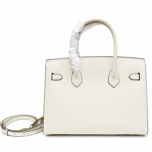 Pale Chalk Off-White Fine Grain Sharp Seam Compact Trapezoid Tote With Warm Golden Twist Lock Hardware And Matching Detachable Carry Strap Leather