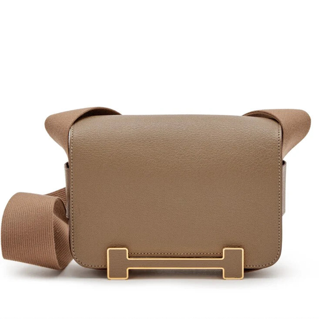 Muted Taupe Brown Compact Rectangular Box Shoulder Pouch With Wide Woven Fabric Strap And Horizontal Framed Golden Metal Clasp Leather