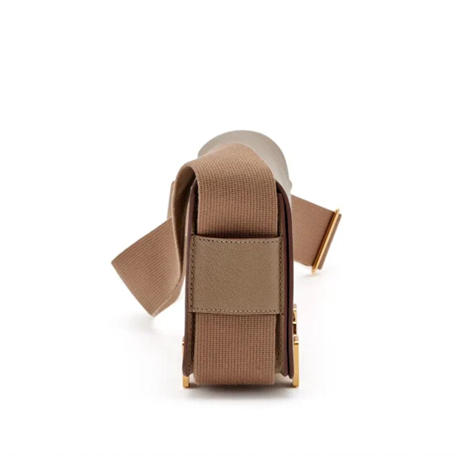 Muted Taupe Brown Compact Rectangular Box Shoulder Pouch With Wide Woven Fabric Strap And Horizontal Framed Golden Metal Clasp Leather