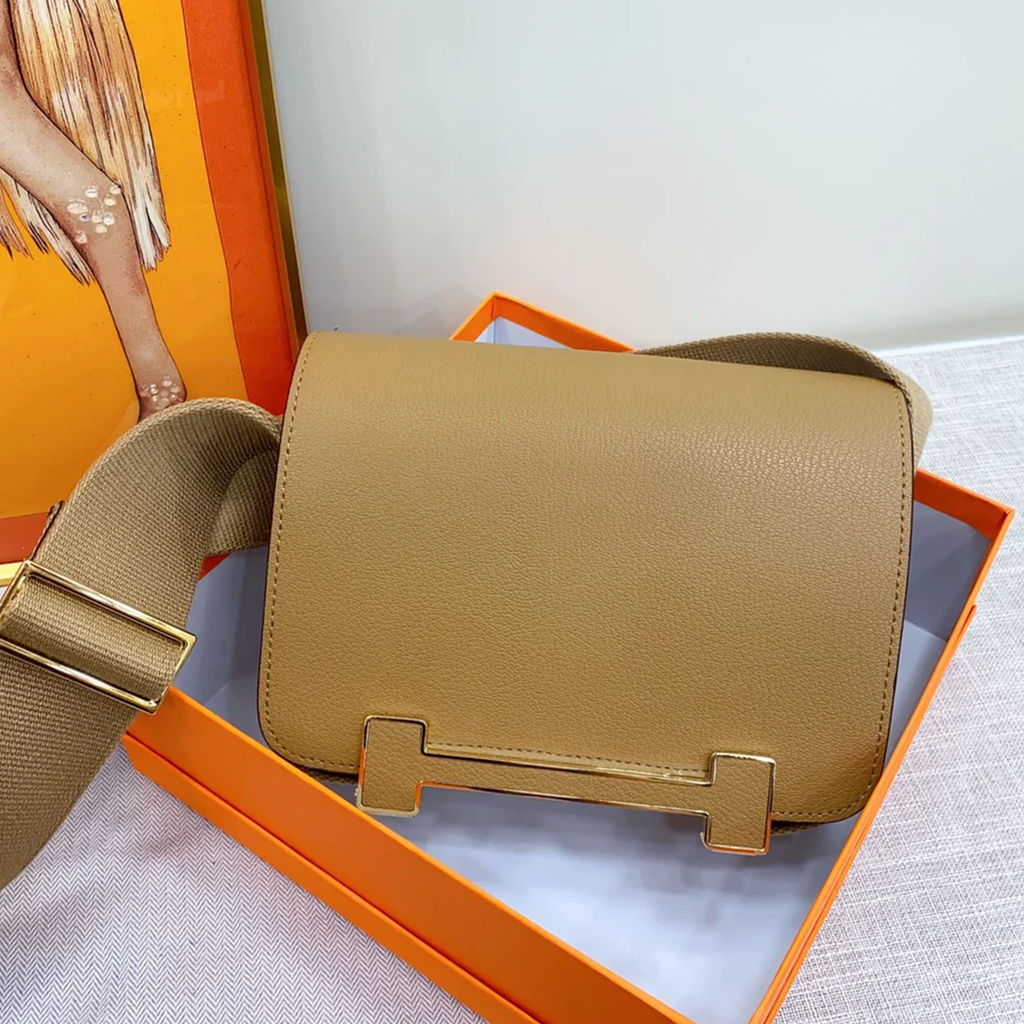 Muted Taupe Brown Compact Rectangular Box Shoulder Pouch With Wide Woven Fabric Strap And Horizontal Framed Golden Metal Clasp Leather