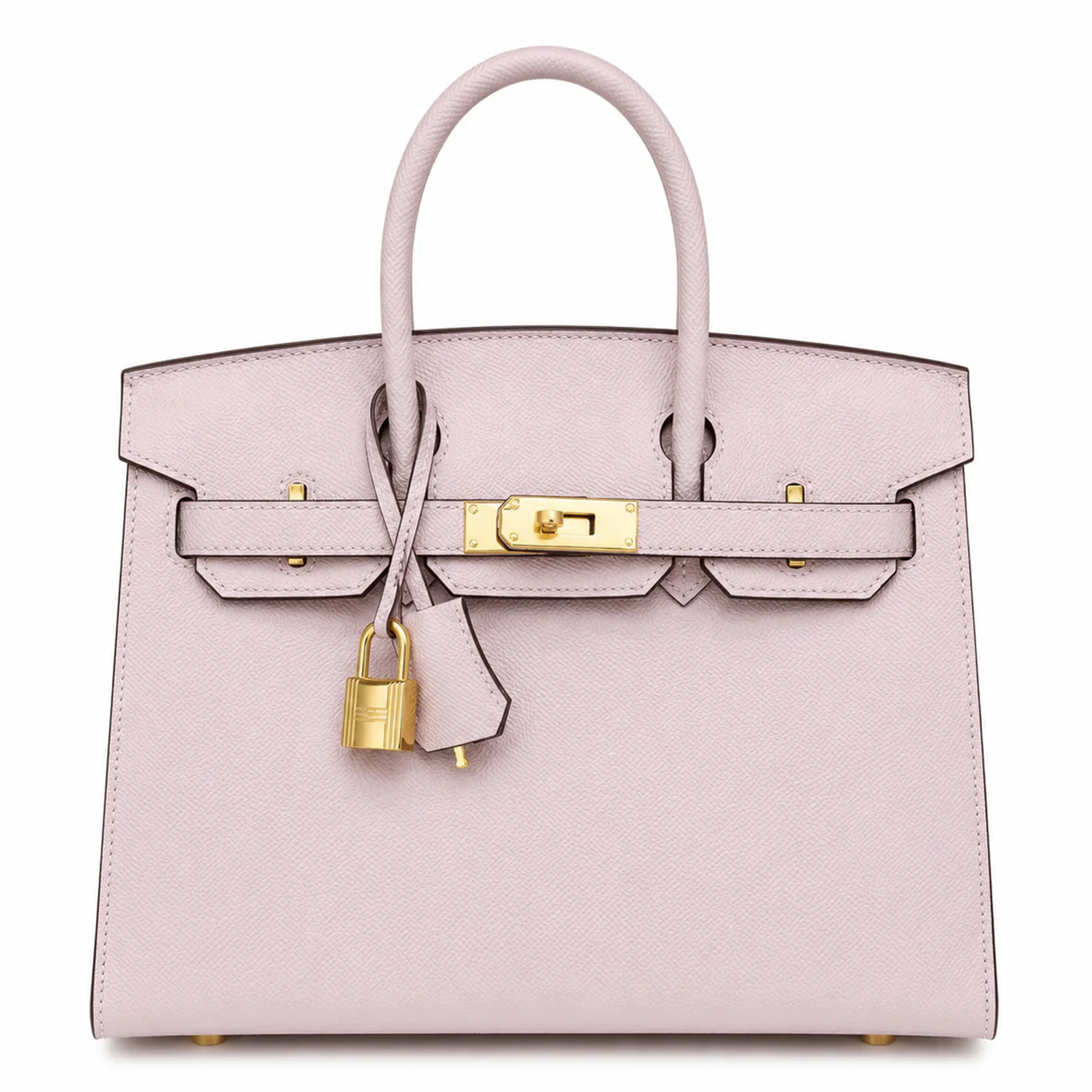Delicate Pale Blush Pink Fine Grain Sharp Contour Compact Trapezoid Tote With Warm Golden Twist Lock Hardware And Matching Coordinating Carry Strap Leather