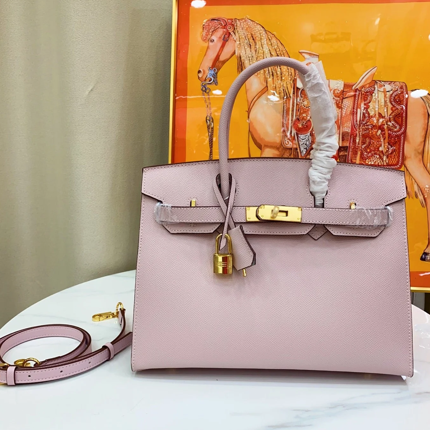 Delicate Pale Blush Pink Fine Grain Sharp Contour Compact Trapezoid Tote With Warm Golden Twist Lock Hardware And Matching Coordinating Carry Strap Leather