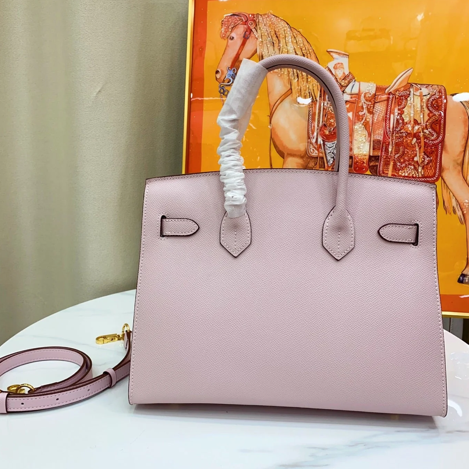 Delicate Pale Blush Pink Fine Grain Sharp Contour Compact Trapezoid Tote With Warm Golden Twist Lock Hardware And Matching Coordinating Carry Strap Leather