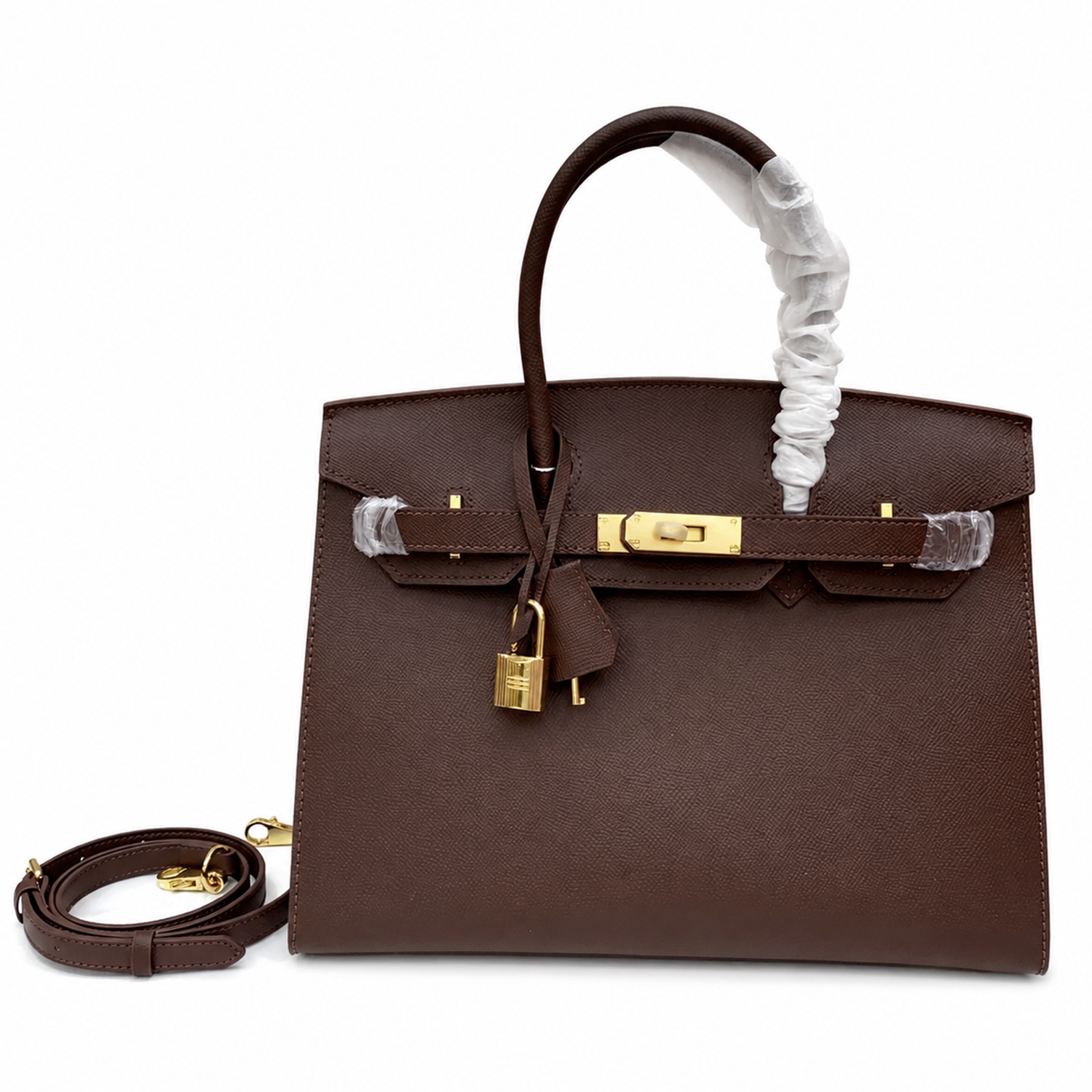 Deep Rich Chocolate Brown Fine Grain Sharp Edged Medium Trapezoid Tote With Warm Golden Twist Lock Hardware And Matching Detachable Carry Strap Leather