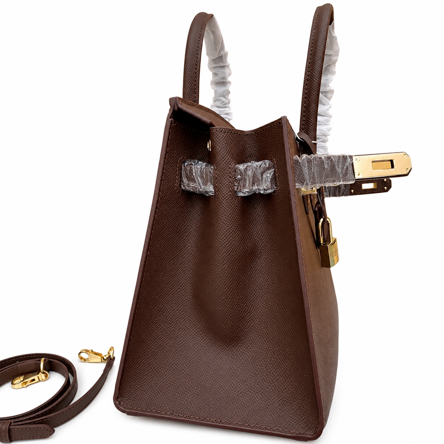 Deep Rich Chocolate Brown Fine Grain Sharp Edged Medium Trapezoid Tote With Warm Golden Twist Lock Hardware And Matching Detachable Carry Strap Leather