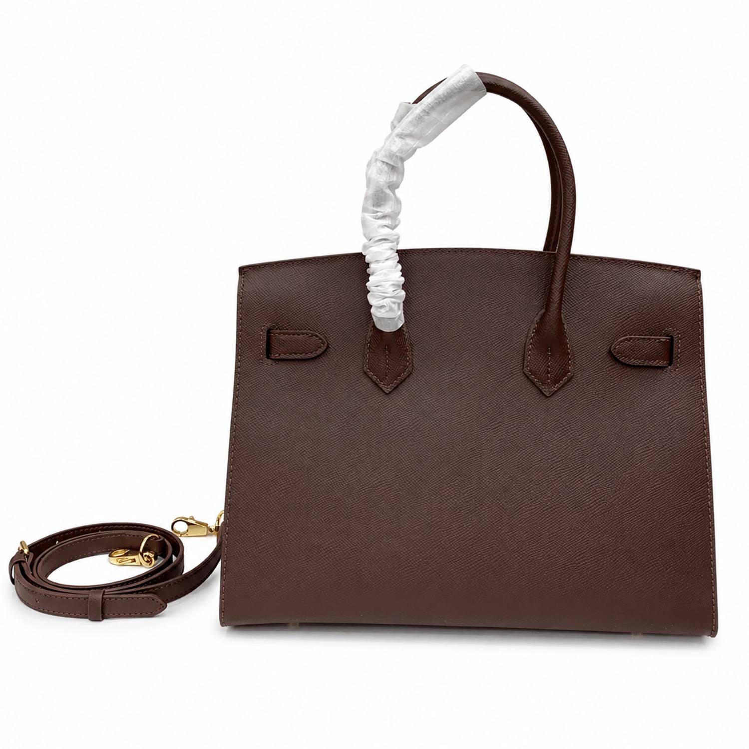 Deep Rich Chocolate Brown Fine Grain Sharp Edged Medium Trapezoid Tote With Warm Golden Twist Lock Hardware And Matching Detachable Carry Strap Leather
