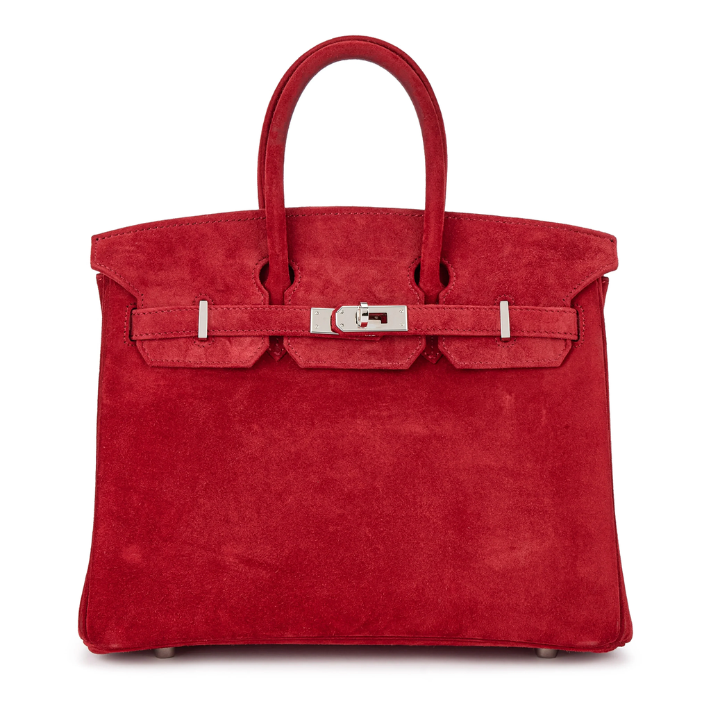 Rich Vivid Scarlet Matte Fuzzy Compact Trapezoid Hand Suede Tote With Sleek Cool Silvery Twist Lock Hardware And Precise Matching Tone Edge Stitching