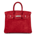 Rich Vivid Scarlet Matte Fuzzy Compact Trapezoid Hand Suede Tote With Sleek Cool Silvery Twist Lock Hardware And Precise Matching Tone Edge Stitching