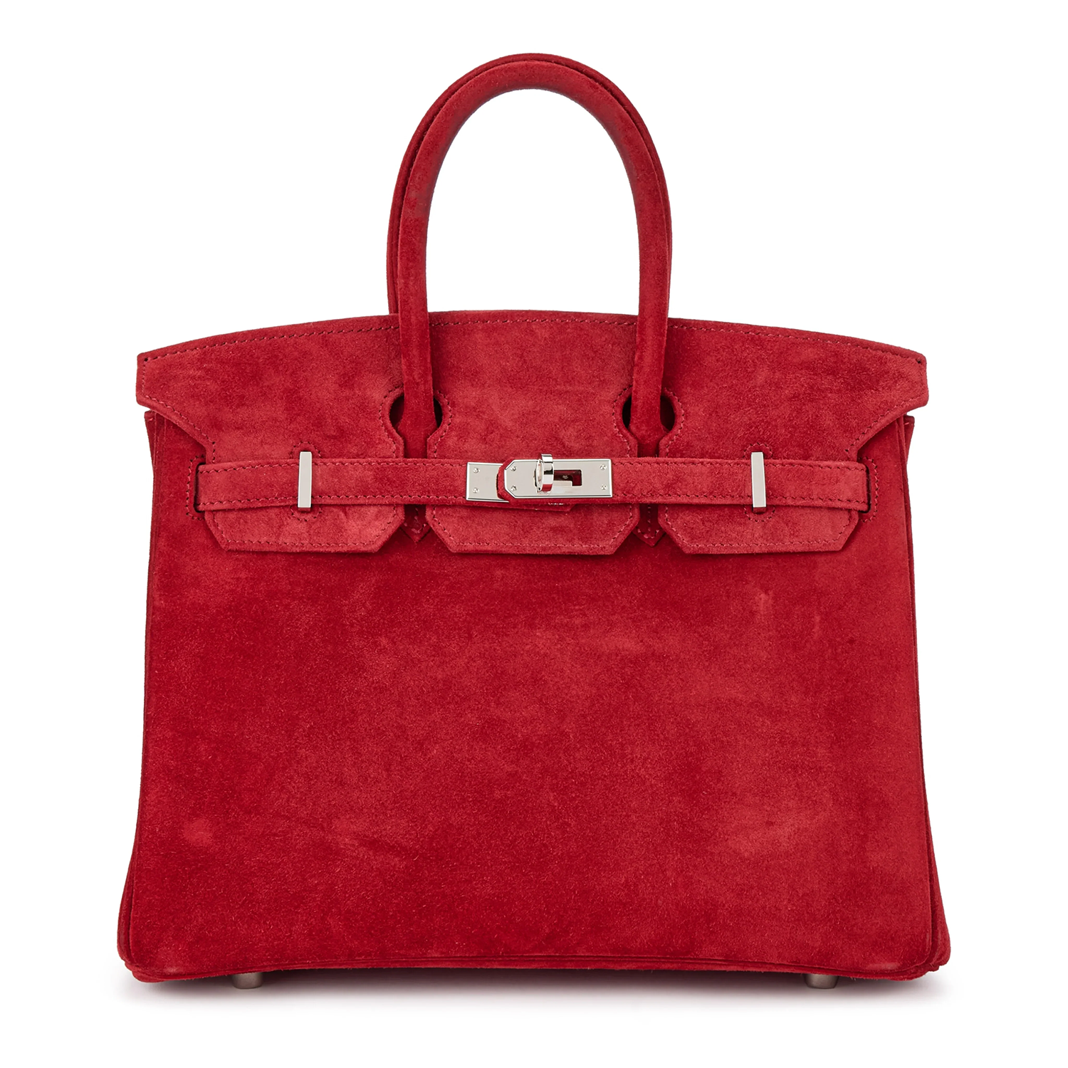 Rich Vivid Scarlet Matte Fuzzy Compact Trapezoid Hand Suede Tote With Sleek Cool Silvery Twist Lock Hardware And Precise Matching Tone Edge Stitching