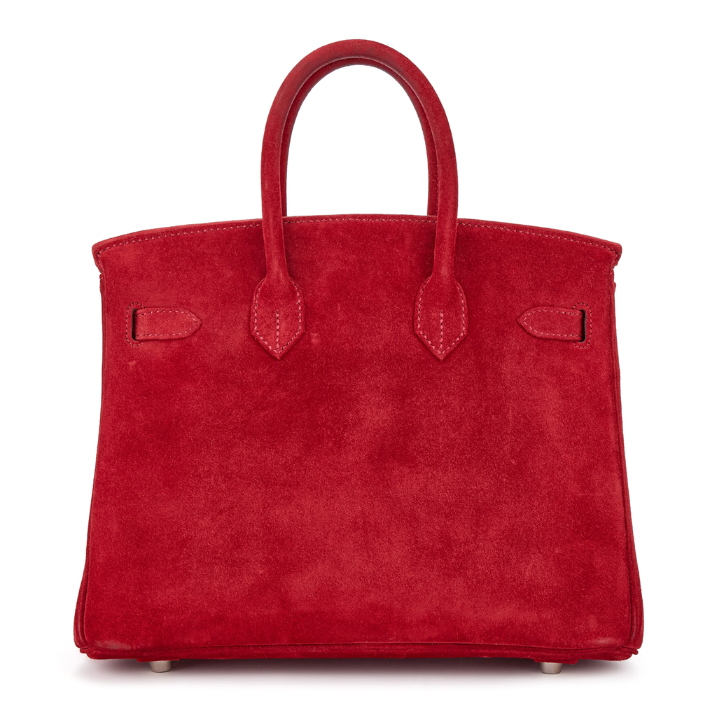 Rich Vivid Scarlet Matte Fuzzy Compact Trapezoid Hand Suede Tote With Sleek Cool Silvery Twist Lock Hardware And Precise Matching Tone Edge Stitching