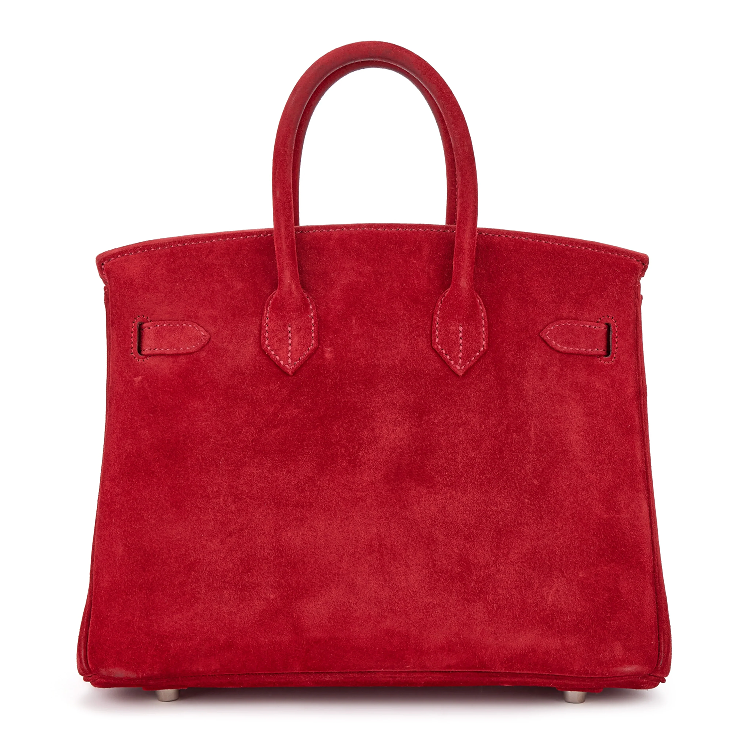 Rich Vivid Scarlet Matte Fuzzy Compact Trapezoid Hand Suede Tote With Sleek Cool Silvery Twist Lock Hardware And Precise Matching Tone Edge Stitching