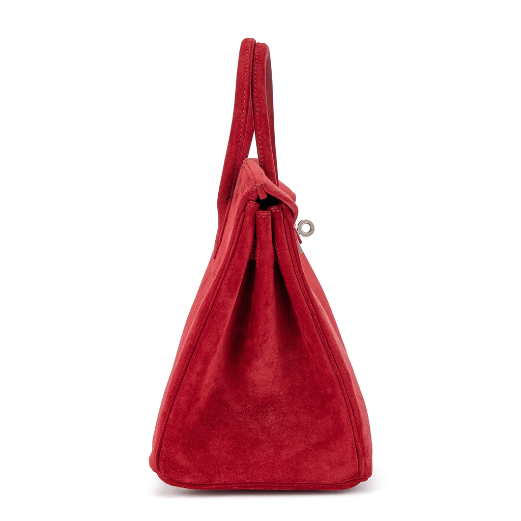 Rich Vivid Scarlet Matte Fuzzy Compact Trapezoid Hand Suede Tote With Sleek Cool Silvery Twist Lock Hardware And Precise Matching Tone Edge Stitching